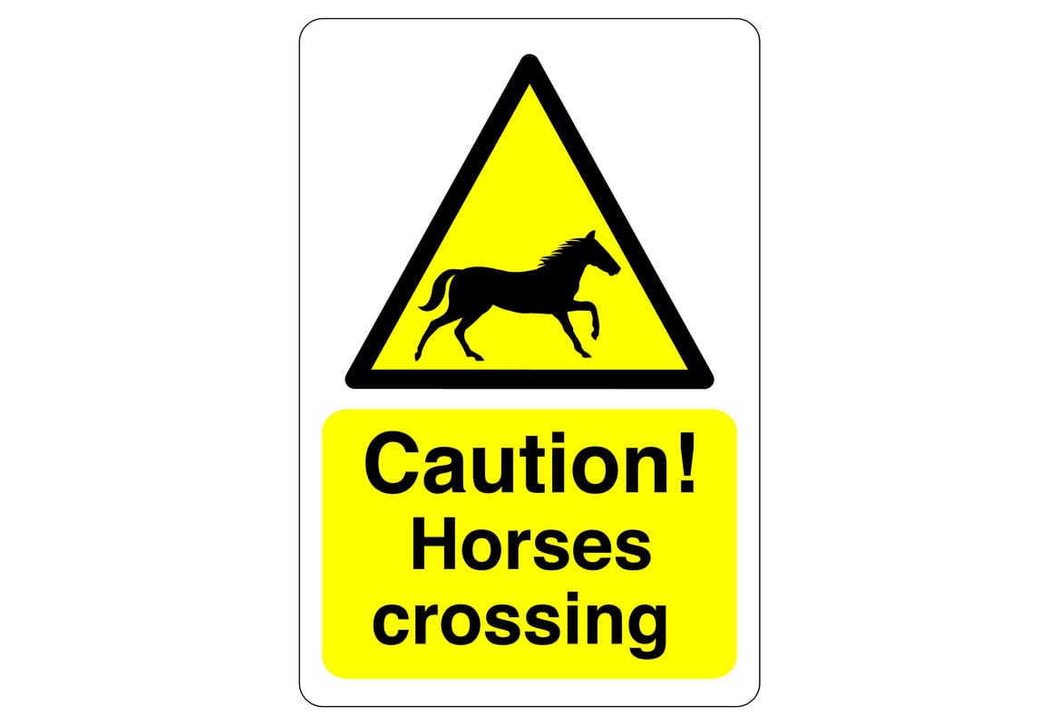 Safety First Display Ltd Yellow Caution Horses Crossing Sign - High Tack Self-Adhesive Sticker (400Mm X 300Mm) Viewing Distance Within 14M.
