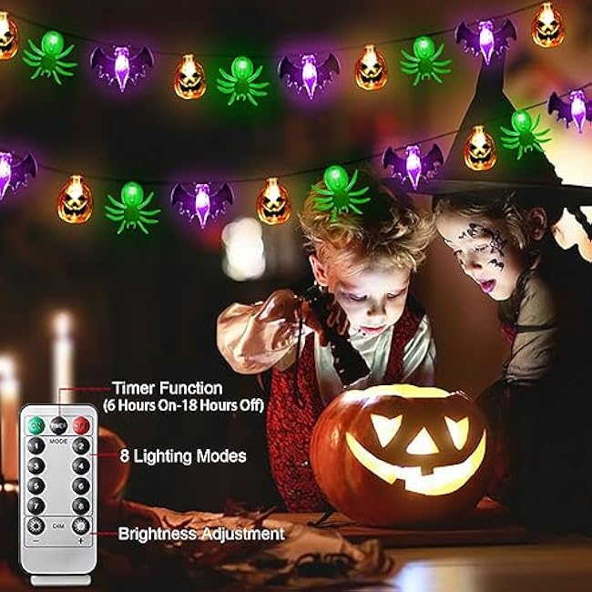 Halloween Lights, 16 FT 30 LED Waterproof 3D Pumpkin Bat Spider Battery Operated String Lights with Timer, 8 Lighting Modes Fairy Lights for Window Indoor Outdoor Decor Halloween Party Decorations