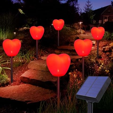 Abkshine Set of 6 Solar Red Heart Stake Lights for Valentines Day Decor, Outdoor Waterproof Heart Shaped Light for Garden Pathway Flowerbed Cemetery Grave Porch Walkway Valentine's Theme Decorations Cover
