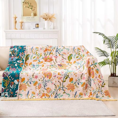 Image of XIBLC Boho Throw Blanket for Bed, 100% Cotton Soft Rustic Quilt Fall Blanket, 50 inchx60 inch Yellow Floral Printed Farmhouse Decor Bed Blankets, All Season Rustic Reversible Bohemian Throw Quilt