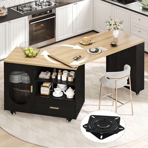 LVB Kitchen Island with Storage, 360° Rotating Island Table with