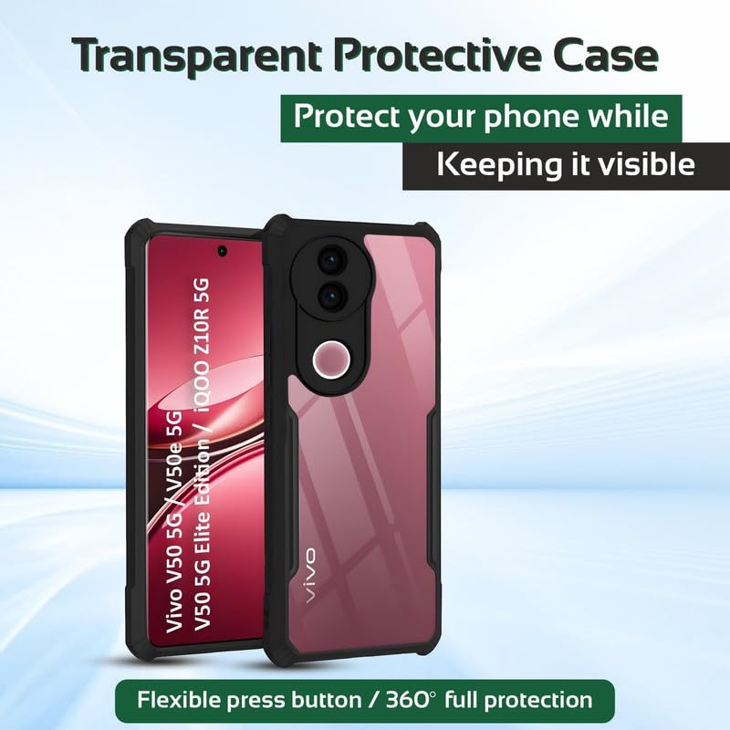 Image of AIBEX Compatible for Vivo T4R 5G / iQOO Z10R 5G / Vivo V50e 5G / Vivo V50 5G Mobile Back Case Cover, Crystal-Clear Shockproof Bumper with Camera Guard |TPU+PC| Anti-Yellow, Slim Transparent - Black