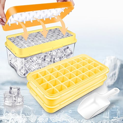 Contenitore per cubetti di ghiaccio con coperchio e contenitore, 64 pezzi cubetti di ghiaccio, basta premere per sciogliere il ghiaccio, 2 ciotole, 1 secchiello per ghiaccio e paletta (giallo)