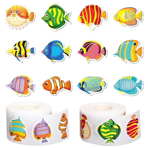 Whaline 1000 Pcs Tropical Fish Stickers Summer Cartoon Ocean Fish Stickers Under The Sea Creature Self-Adhesive Sticker Decals for Ocean Theme Party Favors Classroom Teacher Rewards 2 Rolls