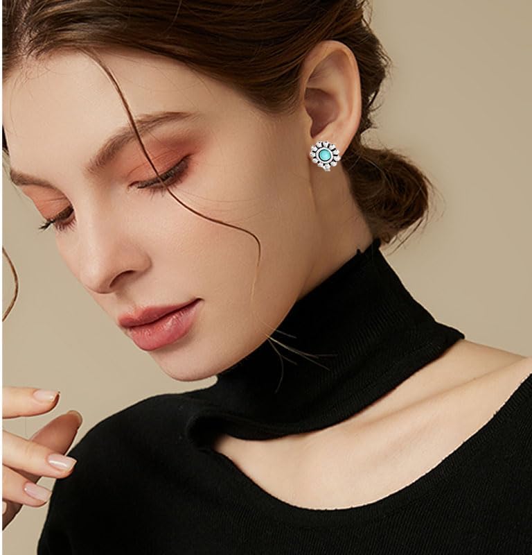 Western Turquoise Stud Earrings Set for Women Natural Turquoise Bohemian Cactus Cow Leaf Flower Wing Earrings Boho Boot Hat Stud Earring Vintage Jewelry Gifts - Image 4