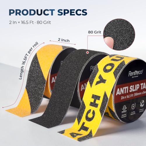 Image of Reniteco Anti Slip Tape 3PC, 2 inch x 16.5Ft Heavy Duty Grip Tape, High Adhesion & Waterproof, No Residue, for Outdoor Stairs, Tile, Shower - Extra Grip Safety Tape (Warning Strip, Black, Yellow /Black)