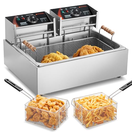 VEVOR Friteuse commerciale 2500 W, friteuses à bain d&rsquo;huile électrique avec 3 paniers amovibles, en acier inox, grande capacité 12 L pour cuisine, restaurant, température réglable 60-200 °C, argenté