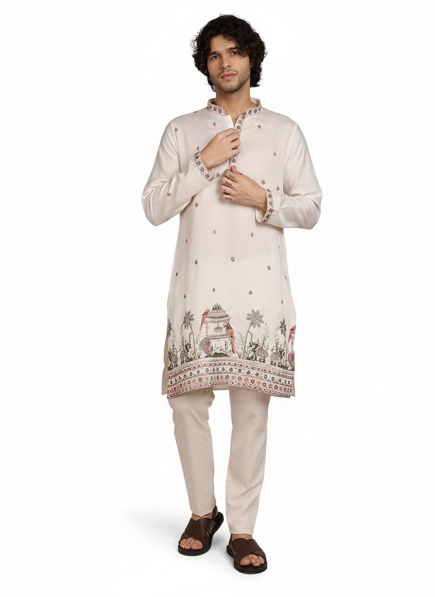 Men Printed Kurta with Ethnic Motif Border | Special Haldi Kurta | Festive Embellished Long Kurta | Embroidery Kurta | Ethnic Wear | Mandarin Collar | Knee Length