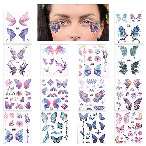 14 Sheets Glitter Butterfly Tattoos Temporary Stickers Waterproof Butterfly Face