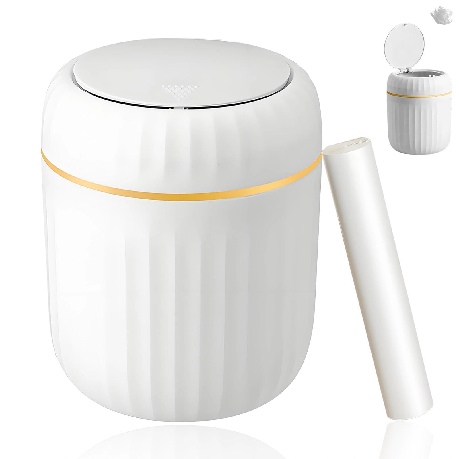 Plumaire Desktop Trash Can with Press Type Lid, 2L Mini Small Desk Bin for Home, Office, Bathroom, Dressing Table and Car, Includes Disposable Garbage Bags