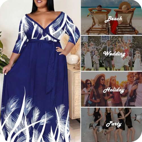 Image of Nmoder Plus Size Maxi Dress for Women - Summer Casual 3 /4 Sleeve Floral Flowy Long Dress with Belt XL- 6XL