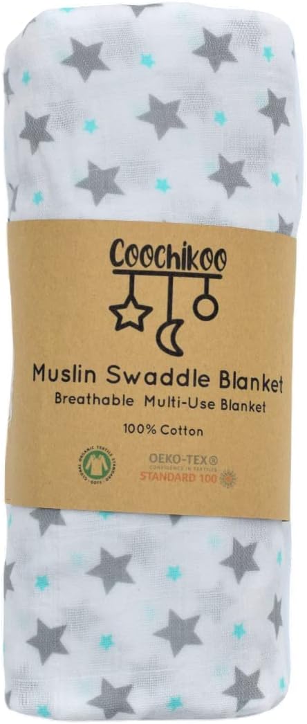 CooChiKoo Nursery,Bedding,Blankets & Swaddlers,Swaddles CooChiKoo® Muslin Baby Swaddle 100% Cotton - 2 Layers - Soft Large size 120cmx120cm, Blanket, Towel, Cloth - breathable, Pre-Washed, Eco friendly, Comfortable Design for Baby Boy And Girl (Stars)…