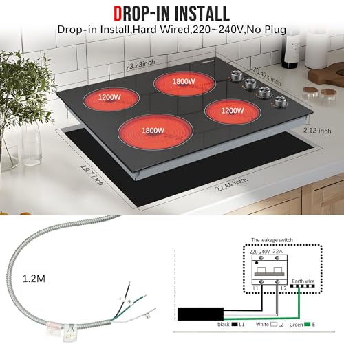 Image of Karinear 24 Inch Electric Cooktop 4 Burners Electric Stove, Knob Control | 6000W High Power Radiant Ceramic Cooktop, Built-in Design, 220-240V Hardwire, No Plug, Overheat Protection(Silver Knob)