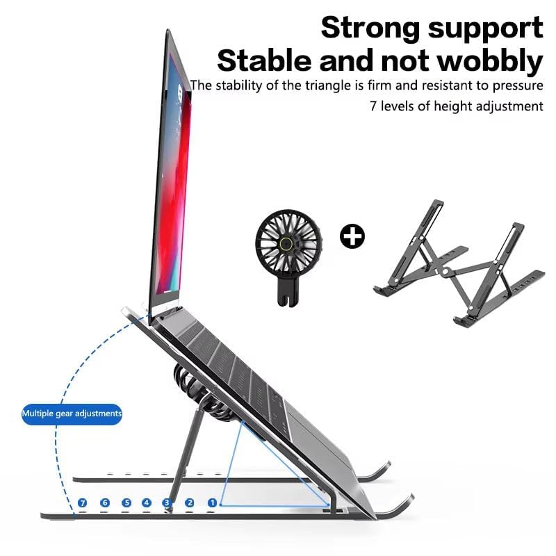 Image of Adjustable Laptop Stand with Detachable Cooling Fan | Foldable Portable Laptop Holder | Adjustable Height & Angle Ergonomic Stand for Laptops, Notebooks & Tablets | Multi Color Notebook Stand