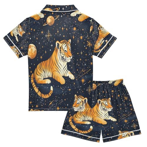Satin Pajama Sets Short Sleeve Tiger Space Stars Planets Button Down Silky Nightwear 2 Piece PJS 5-14Y2