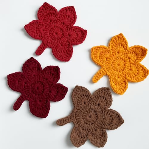 Breling 4 Pcs Maple Leaf Coasters Handmade Crochet Beverage Coaster Set Knitted Maple Leaf Decor Suitable for Birthday Party Kitchen Table Home Decor