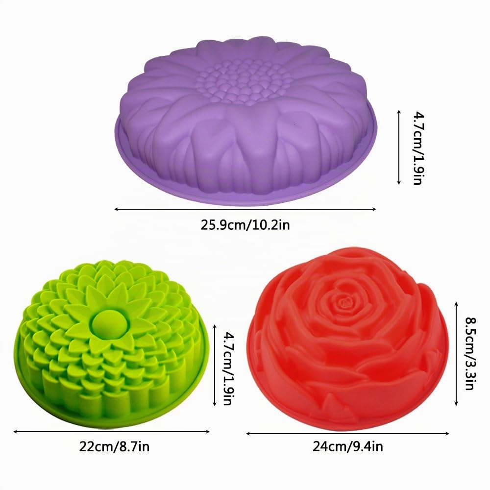 Senhai 3 pezzi stampi in silicone, per prodotti da forno a forma di fiore, girasole grande rotondo, crisantemo e rosa, teglie antiaderenti, ideali per feste di compleanno e fai