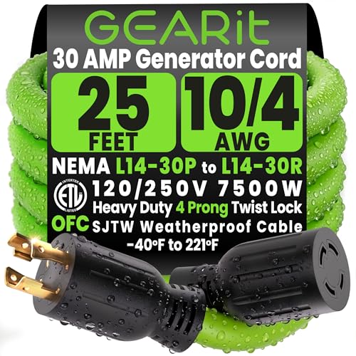 GEARit 30 Amp Generator Cord 25 Ft, NEMA L14-30 Extension Cord, 10/4 SJTW 30amp Generator Extension...
