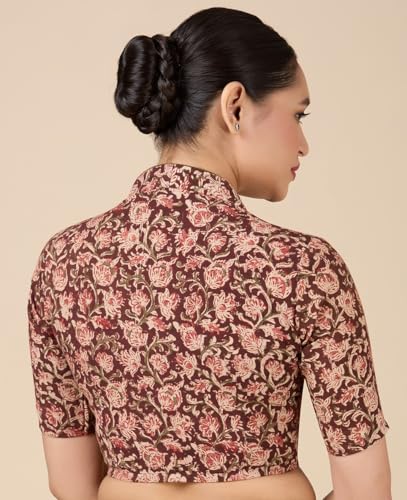Image of Studio Shringaar Women Cotton Kalamkari Printed with Elbow Length Sleeves Readymade Saree Blouse