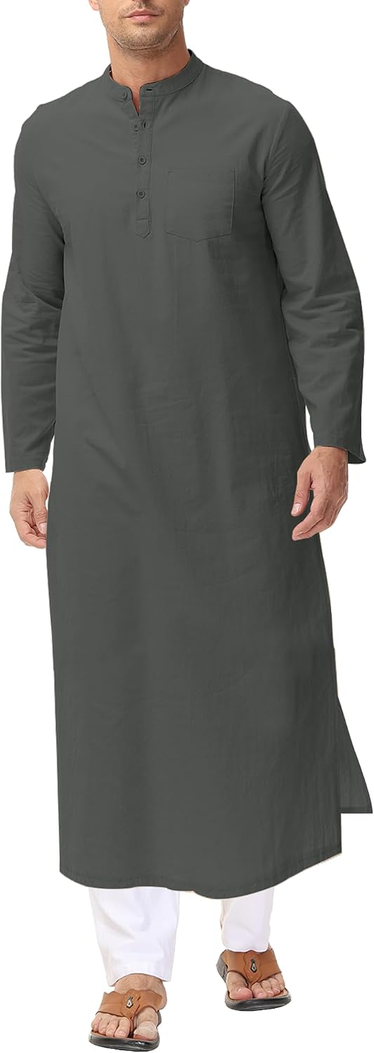 LVCBL Kaftan for Men Long Sleeve Caftan Thobe Side Split Muslim Robe Button Down Long Gown Tunic Shirts