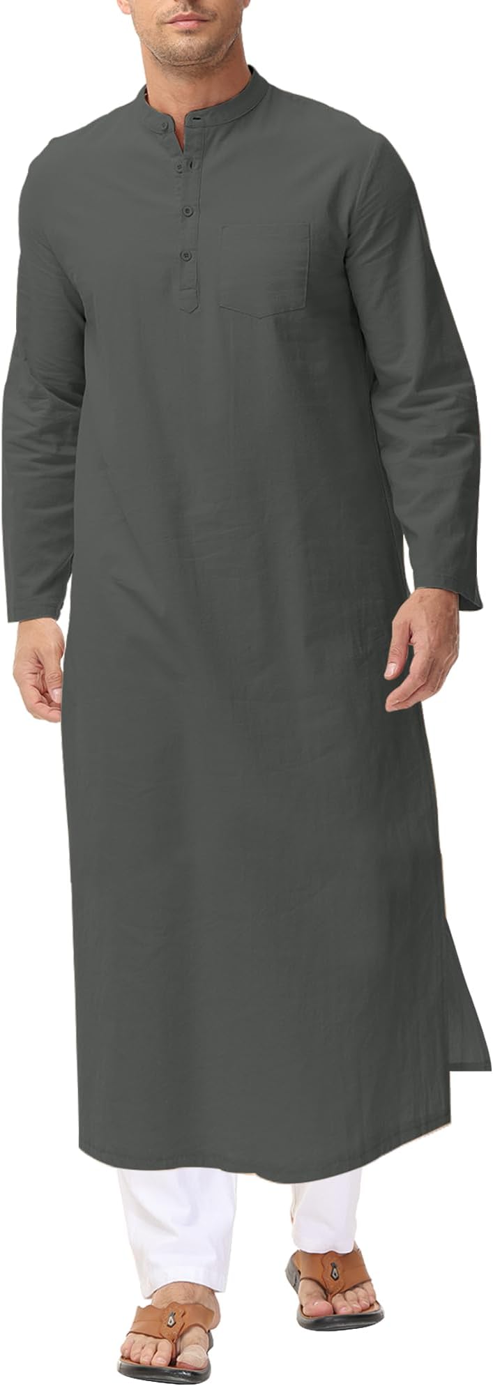 LVCBL Kaftan for Men Long Sleeve Caftan Thobe Side Split Muslim Robe Button Down Long Gown Tunic Shirts