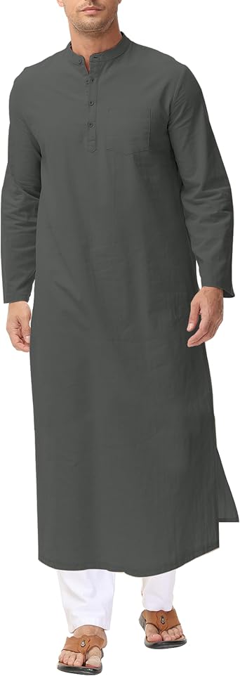 LVCBL Kaftan for Men Long Sleeve Caftan Thobe Side Split Muslim Robe Button Down Long Gown Tunic Shirts
