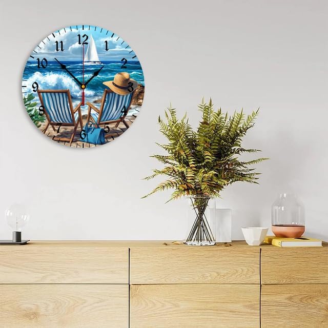 Wall Clock Silent Non-Ticking Kitchen Clock Beach Scene with Two Blue Chairs Desk Clock Battery Operated Quartz Analog Decorative Round Clocks 12 in Garden Home Decor