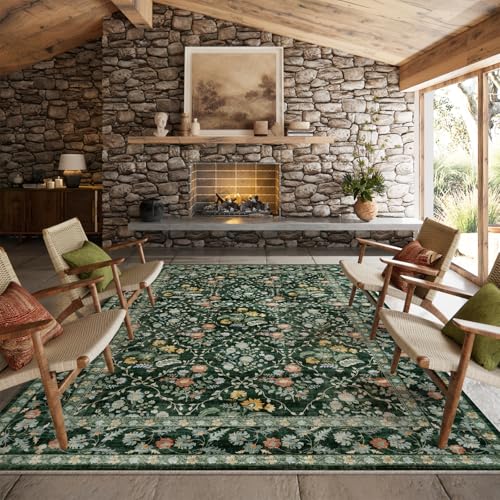 Image of Vintage Botanical Dark Green Area Rug 8x10 Elegant Floral Pattern, Durable Stain-Resistant Fabric, Perfect for Living Room, Bedroom, Dining Room Decor