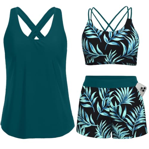 Image of Women's 3 Piece Tankini Swimsuit Tummy Control Bathing Suit with Boy Shorts