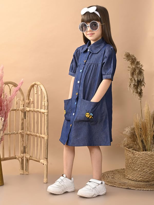 Image of superminis Girls Denim Solid Color Half Sleeves Dress with Embroidered Pocket (1 Dress)