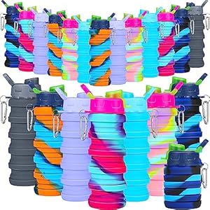 Sunnyray 20 Pcs Collapsible Water Bottles 17oz Silicone Portable Water Bottle Bulk Foldable Leak Proof Water Bottle Reusable Camouflage Sports Bottles with Clip for Travel Hiking Camping Outdoor
