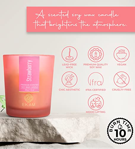 Image of EKAM Strawberry Votive Soy Wax Scented Candle, 40 Grams, 10 Hours Burn Time| Long Lasting Premium Candles | Ideal for Home Decor | Gifting & Aromatherapy (Pack of 12)