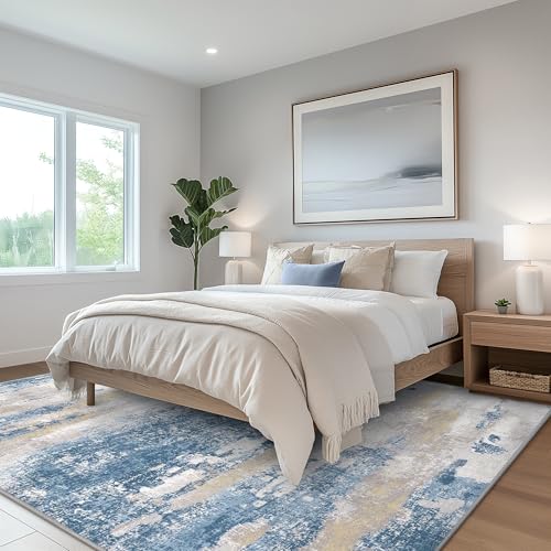 Area Rugs 10x12 for Living Room Bedroom, Modern Abstract Machine Washable Large Blue Cream Rug, Soft Low Pile Floor Carpet with Non Slip Backing for Dining Room