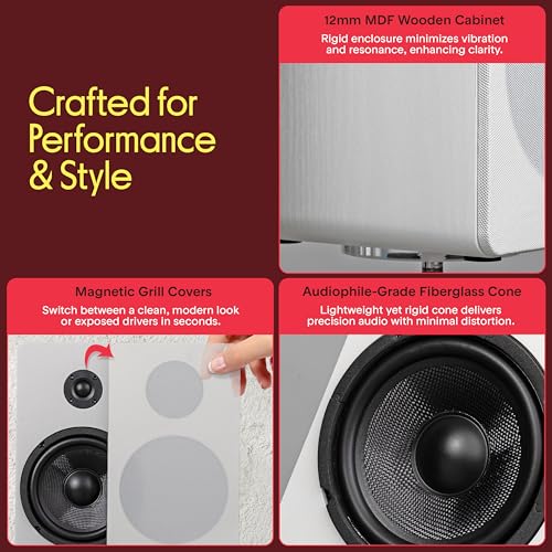 Image of Pyle 6.5 inch Bookshelf Speakers - Pair of Wired Bookshelf Speakers with Wall Mount Brackets, 2-Way HiFi Home Theater with Fiberglass Cone, Soft Dome Tweeter, Compact Design, 11.7 inch x 7 inch x 6.5 inch, White