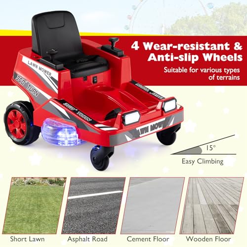 Costzon Ride on Lawn Mower for Kids, 12V Toddler Electric Car with 360° Twist and Turn, Dual Control Sticks, LED Lights, Outdoor Ride on Toy Gift for Boys & Girls Aged 3-8 (Red) - Image 5