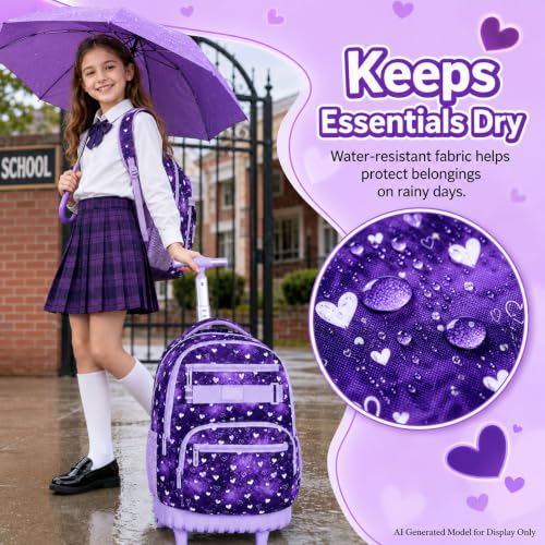Image of 3Pcs Rolling Backpack for Girls Teens, 19 inch Wheeled Backpack with Lunch Box, Polka Dots Travel Roller Backpack for Women College Students (Purple)
