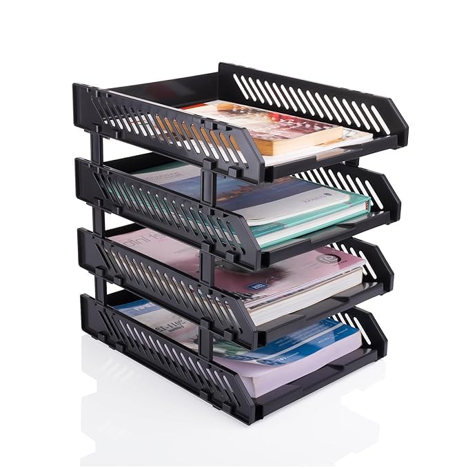 SR File Tray Rack ABS Plastics | Foldable Office Desk Accessories | Durable & Sturdy | Easy Assembly | Efficient Organizer | Plastic Office Stationery Files Layer Rack -4 Layer (Black)