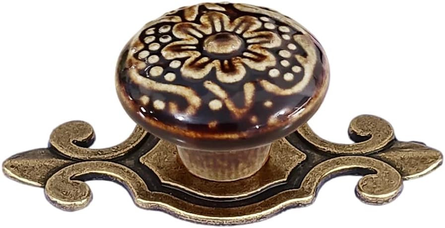 HUAMULAN 10 Pack Retro Ceramic Knobs Vintage Dresser Kitchen Petal Cabinet Pulls Cupboard Wardrobe Drawer Handles, Brown Knob with Bronze Base Backplate