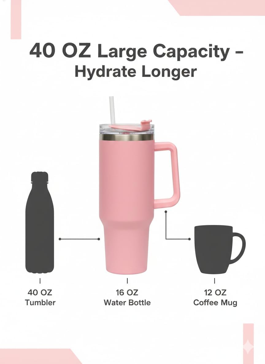 THIRSTEE 40 Oz Tumbler With Handle And Straw Insulated Stainless Steel Cup 100% Leakproof Mug For Hot And Cold Drinks Water Bottle Use For Travel, Office Coffee Mug, Gym - Pastel Pink - Image 8