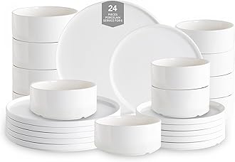 Porcelain Dinnerware Sets, 24 Piece Plates and Bowls Dish Set for 6, Modern Ceramic Dining Dishware, Chip and Scratch Resistant White Dish Set, Microwave & Dishwasher Safe