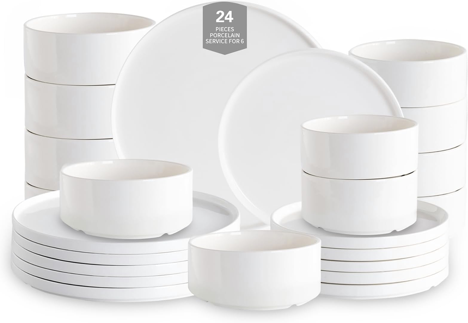 Porcelain Dinnerware Sets, 24 Piece Plates and Bowls Dish Set for 6, Modern Ceramic Dining Dishware, Chip and Scratch Resistant White Dish Set, Microwave & Dishwasher Safe