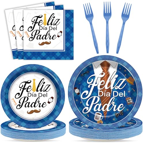 96Pcs Dia Del Padre Party Supplies Decoracion, Happy Fathers Day Paper Plates and Napkins, Feliz Día Del Padre Tableware Disposable Dessert Dinnerware for Dad's Day Celebration for 24 Guests