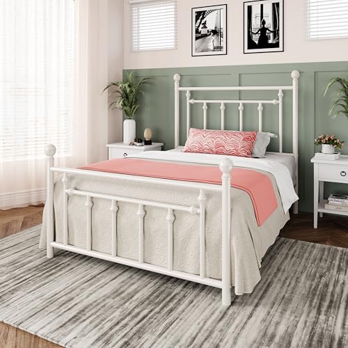 Image of Allewie 14'' Twin Size Metal Platform Bed Frame, Vintage Headboard, White