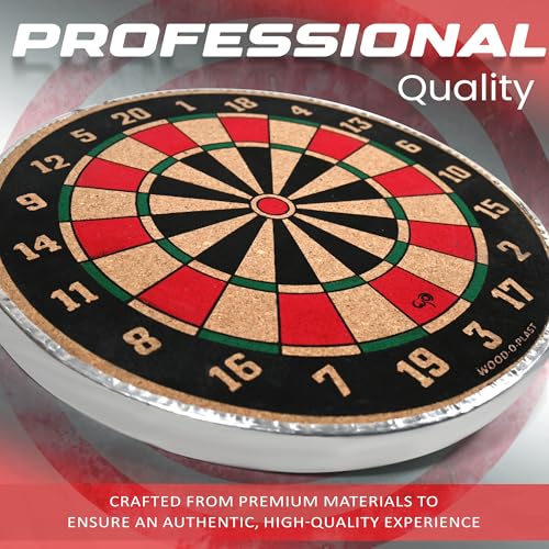 Image of Wood O Plast Wooden Dart Board Game for Kids & Adults, Dual Sided Play, Steel-Tips Darts and 1 Hook for Hanging, Cork Surface, Indoor Outdoor Games for Kids, Dart Board Family Game Set (12 Inches)