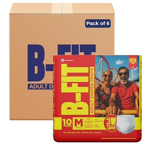 Image of B-Fit Regular Adult Diaper M Size Pants | 60 Count (Medium) | Waist 25 - 48 inch | Unisex | Leakproof | Even Absorption | Long Protection hours | Brief-Like Fit & Soft Elastic Waist