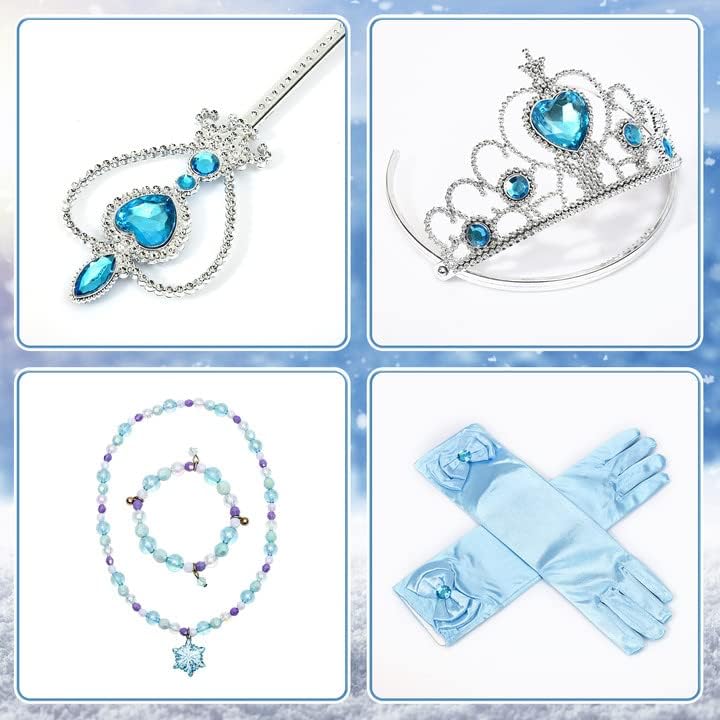 Tacobear 10Pcs Princess Costume Dress For Girls Kids Toddler Snow Princess Dress Up Clothes for Little Girls with Accessories Gloves Crown Wands Wig Necklace for 7-8Y Kids Christmas Birthday Party - Image 6