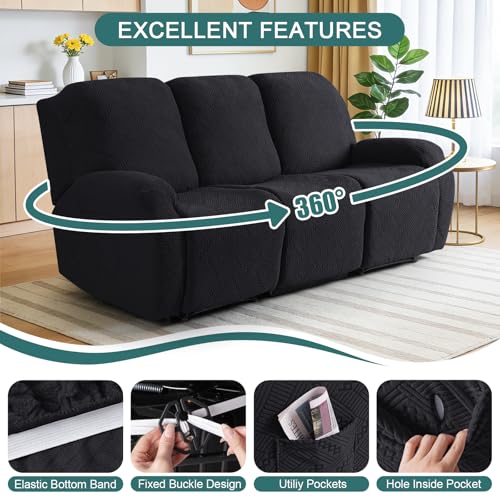 Image of Ruaozz Recliner Sofa Covers Recliner Chair Covers Couch Covers for Reclining Couches with Pockets Washable Furniture Protector with Elastic Bottom (3 Seater, Black)