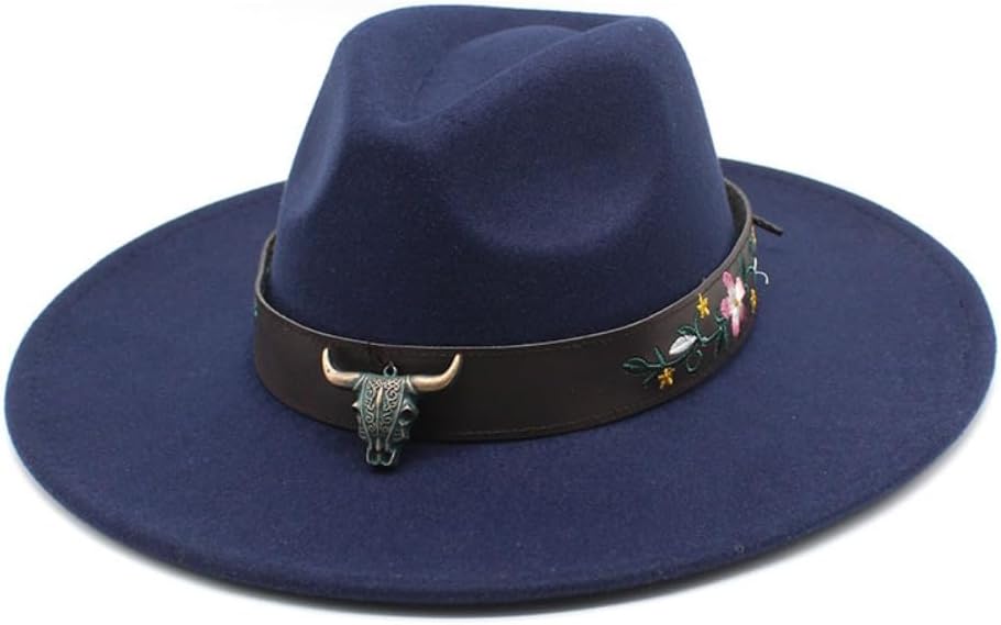 Wide Brim Wool Felt Fedora Hat, White, Western Style with Floral Embroidered Band, Bull Accent