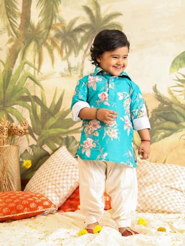 Image of Vastramay Sishu boys Vastramay Infant Boys Multicolor Base Turquoise Muslin Cotton Kurta Patiala Set