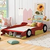 Bellemave Full Size Race Car Bed for Kids,Wood Car-Shaped Platform Bed with Storage Shelves,Car Bed Full with Wheels for Boys,Girls,Red